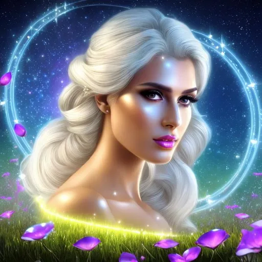 Prompt: HD 4k 3D 8k professional modeling photo hyper realistic beautiful woman ethereal greek goddess of the morning dew
white hair in bun gorgeous face black skin silvery shimmering gown with dewdrops diamond shining jewelry diamond shining crown angel wings full body surrounded by ambient glow hd landscape meadow with dew on grass and flower petals in morning

