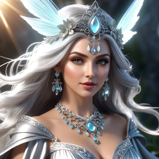 Prompt: evil witch, a kind of fairy or goddess having the appearance of such a woman, particularly active in raising the windstorms of spring, hyper realistic, HD 4k 3D, professional modeling, ethereal, gray hair, medium skin, gorgeous face, jewelry and headpiece, ambient divine glow, detailed and intricate, elegant, ethereal, mythical, goddess, radiant lighting, majestic, goddesslike aura