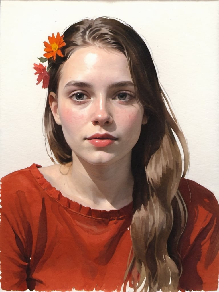 Prompt: young woman with a flower in her hair, gouache watercolor