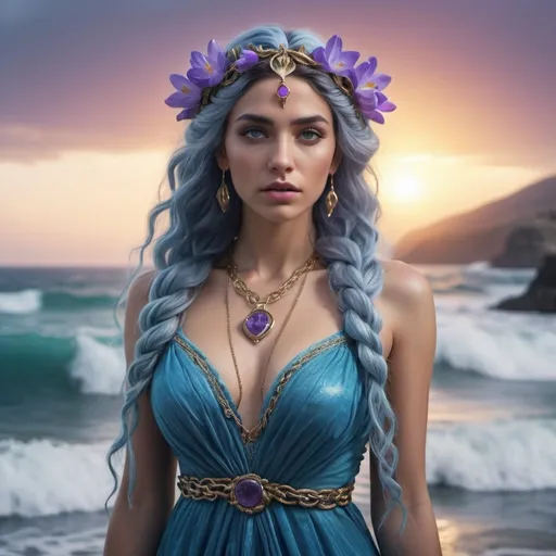 Prompt: HD 4k 3D, 8k, hyper realistic, professional modeling, ethereal Greek Goddess the Mindful, blue intricate braided hair, olive skin, gorgeous face, colorful distressed gown, purple gemstone jewelry and crocus flower crown, chained to rock at sea, waves crashing, sea monster, surrounded by ambient divine glow, detailed, elegant, ethereal, mythical, Greek, goddess, surreal lighting, majestic, goddesslike aura