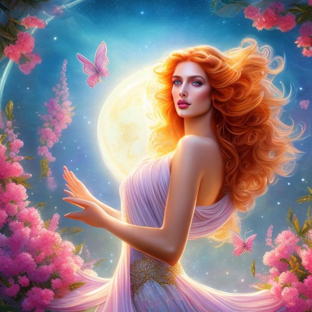 Prompt: HD 4k 3D, hyper realistic, professional modeling, ethereal Greek goddess of brightness, bright red hair, gorgeous face, fair skin, gorgeous bright shiny gown,  jewelry and diadem, fairy wings, full body, ambient glow, cosmic moon and sun bright in background, dazzling light, landscape, detailed, elegant, ethereal, mythical, Greek, goddess, surreal lighting, majestic, goddesslike aura