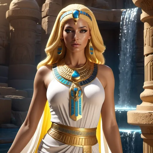 Prompt: HD 4k 3D, 8k, hyper realistic, professional modeling, ethereal Egyptian Goddess style, Puma Goddess, beautiful, waterfall oasis, glowing white skin, yellow hair, mythical gown, tiara, full body, Fantasy setting, surrounded by ambient divine glow, detailed, elegant, surreal dramatic lighting, majestic, goddesslike aura, octane render, artistic and whimsical