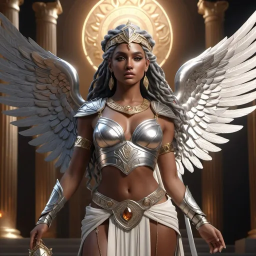 Prompt: HD 4k 3D, hyper realistic, professional modeling, ethereal Greek Goddess and Warrior Princess, silver braided hair, black skin, gorgeous face, messenger and soldier, sunstone jewelry and headpiece, full body, winged sandals, beautiful and swift, surrounded by divine glow, detailed, elegant, ethereal, mythical, Greek, goddess, surreal lighting, majestic, goddesslike aura