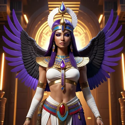 Prompt: HD 4k 3D, 8k, hyper realistic, professional modeling, ethereal Egyptian Goddess warrior style, beautiful with griffon wings, glowing beige skin, purple hair, mythical black, red, and white outfit and jewelry, diadem, full body, goddess of war, Fantasy setting, surrounded by ambient divine glow, detailed, elegant, surreal dramatic lighting, majestic, goddesslike aura, octane render, artistic and whimsical