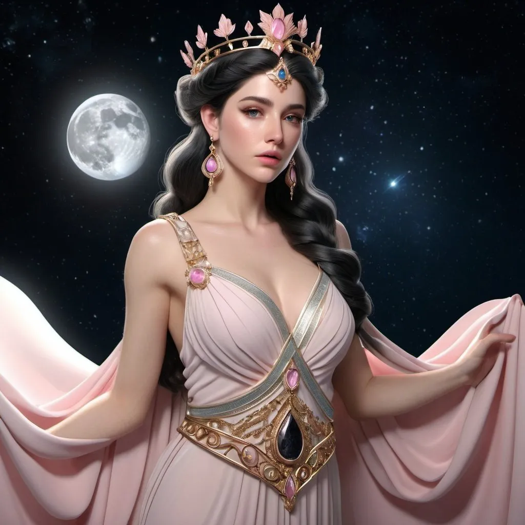 Prompt: HD 4k 3D, hyper realistic, professional modeling, ethereal Greek Goddess of the Months, black half up hair, pale skin, gorgeous face,  grecian shimmering dress, pink morganite jewelry and crown, full body, cosmos, lunar months, astrology, solar, detailed, elegant, ethereal, mythical, Greek, goddess, surreal lighting, majestic, goddesslike aura