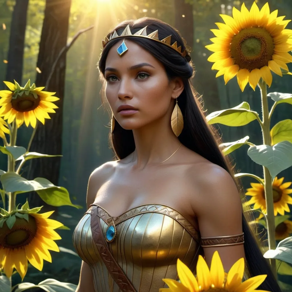 Prompt: HD 4k 3D, hyper realistic, professional modeling, enchanted Algonquin Princess - Pocahontas, beautiful, magical, detailed, highly realistic woman, high fantasy background, precolonial Virginia, forest, sunflowers, elegant, ethereal, mythical, Greek goddess, surreal lighting, majestic, goddesslike aura, Annie Leibovitz style 