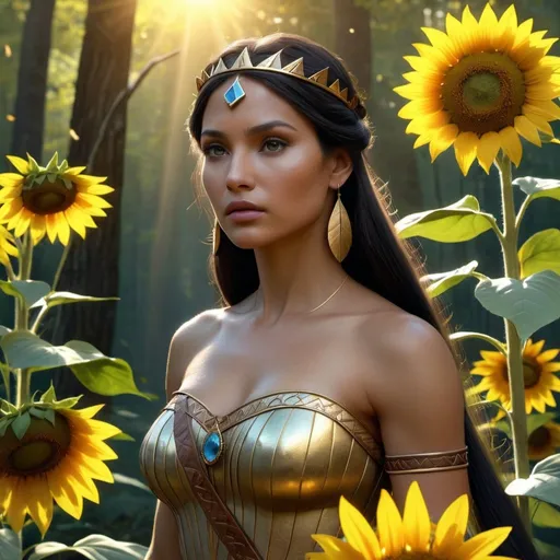 Prompt: HD 4k 3D, hyper realistic, professional modeling, enchanted Algonquin Princess - Pocahontas, beautiful, magical, detailed, highly realistic woman, high fantasy background, precolonial Virginia, forest, sunflowers, elegant, ethereal, mythical, Greek goddess, surreal lighting, majestic, goddesslike aura, Annie Leibovitz style 