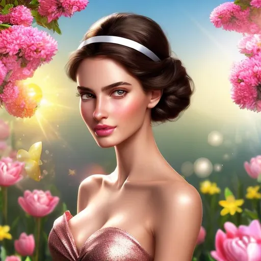 Prompt: HD 4k 3D 8k professional modeling photo hyper realistic beautiful young woman ethereal greek goddess of friendliness and kindness
red pigtail hair blue eyes gorgeous face dark skin shiny bright dress bright jewelry springtime tiara full body surrounded by ambient glow hd landscape background she is in the sunny springtime greek countryside with bright flowers and fauna
