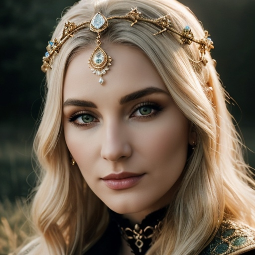 Prompt: Ceridwen, evil Welsh witch, lives near Bala Lake  in north Wales. Medieval Welsh poetry refers to her as possessing the cauldron of poetic inspiration. Ceridwen is regarded by many modern pagans as the Celtic goddess of rebirth, transformation, and inspiration, hyper realistic, HD 4k 3D, professional modeling, ethereal, blonde hair, white skin, gorgeous face, jewelry and headpiece, ambient divine glow, detailed and intricate, elegant, ethereal, mythical, goddess, radiant lighting, majestic, goddesslike aura