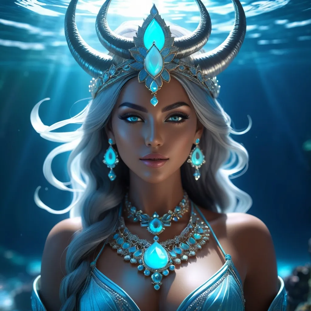 Prompt: Abyzou is the name of a female demon. Abyzou was blamed for miscarriages and infant mortality and was said to be motivated by envy, as she herself was infertile. hyper realistic, HD 4k 3D, professional modeling, ethereal, gorgeous face, Ocean jewelry and headpiece, ambient divine glow, detailed and intricate, elegant, ethereal, mythical, goddess, radiant lighting, majestic, goddesslike aura, she lives in a mystic ocean abyss