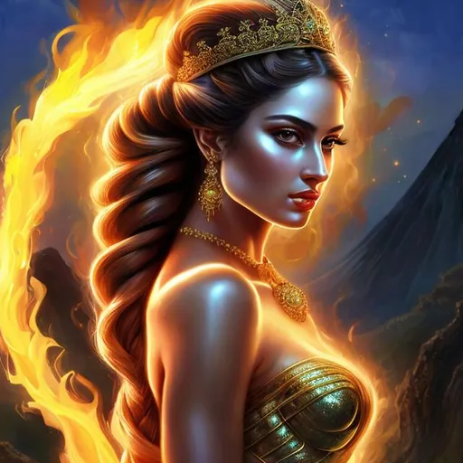 Prompt: HD 4k 3D, hyper realistic, professional modeling, ethereal Greek goddess of Volcanoes, black double braided buns hair, fair skin, gorgeous face, gorgeous fiery gown, fiery jewelry and tiara of flame, nymph, full body, ambient glow, volcano, landscape, detailed, elegant, ethereal, mythical, Greek, goddess, surreal lighting, majestic, goddesslike aura
