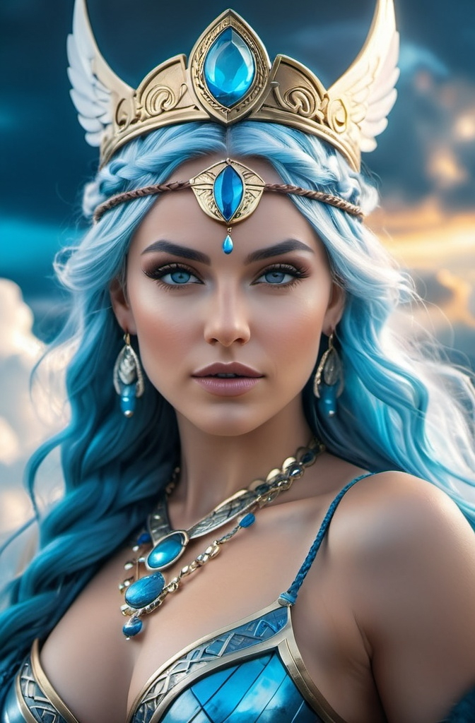 Prompt: Nanna Norse Goddess of daring, hyper realistic, HD 4k 3D, professional modeling, ethereal, bright blue hair, mixed skin, gorgeous face, gorgeous jewelry and tiara, powerful warrior Valkyrie in clouds, ambient divine glow, detailed and intricate, elegant, ethereal, mythical, goddess, radiant lighting, majestic, goddesslike aura, Norse Viking Mythology