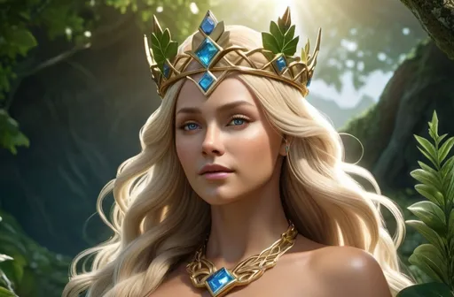 Prompt: Geror Norse Goddess of Earth,  hyper realistic, HD 4k 3D, professional modeling, ethereal, light blonde hair, tan skin, shimmering beauty, gorgeous face, gorgeous jewelry and earth crown, full body, surrounded flora and vegetation, ambient glow, landscape, detailed, elegant, ethereal, mythical, goddess, surreal lighting, majestic, goddesslike aura, Norse Mythology