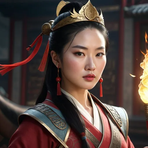 Prompt: HD 4k 3D, hyper realistic, professional modeling, enchanted ancient Chinese dynasty warrior Princess - Hua Mulan, beautiful, magical, detailed, highly realistic woman, high fantasy background, Chinese nomad, elegant, ethereal, mythical, Greek goddess, surreal lighting, majestic, goddesslike aura, Annie Leibovitz style 