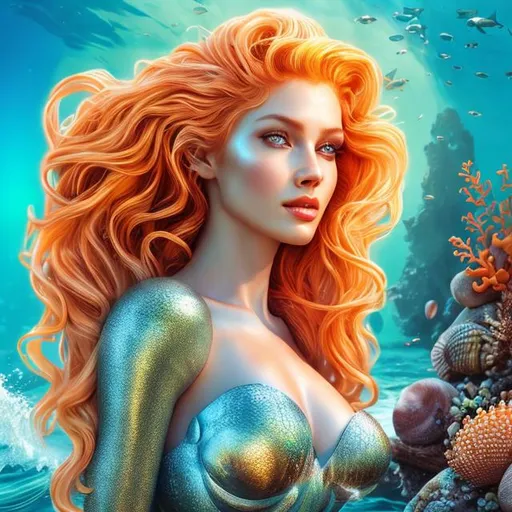 Prompt: HD 4k 3D 8k professional modeling photo hyper realistic beautiful woman ethereal greek goddess protector of mariners mermaid
orange hair gorgeous face seashell jewelry seashell headband beautiful mermaid tail full body surrounded by ambient glow hd landscape mermaid on rocks in ocean watching ships
