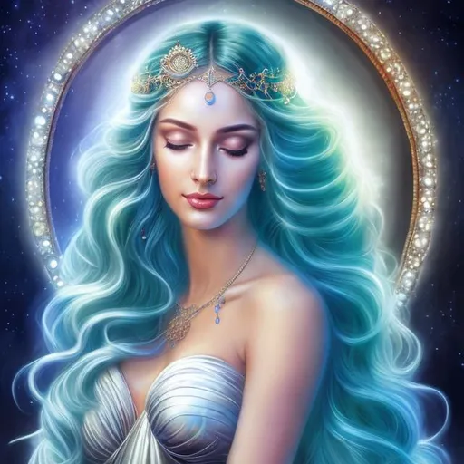 Prompt: HD 4k 3D, hyper realistic, professional modeling, ethereal Greek sleep goddess of hallucinations, blue hair, white skin, multicolor gown, gorgeous face, chrome jewelry and headband, full body, ambient spirit glow, serenity, meditation, tranquil dreamlike background, detailed, elegant, ethereal, mythical, Greek, goddess, surreal lighting, majestic, goddesslike aura