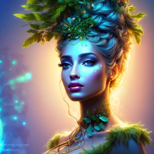 Prompt: HD 4k 3D, hyper realistic, professional modeling, ethereal Greek goddess of trees, blue topsy tail hair, black skin, gorgeous face, gorgeous tree dress, tree jewelry and headband, full body, ambient neon glow, tree nymph mountain, landscape, detailed, elegant, ethereal, mythical, Greek, goddess, surreal lighting, majestic, goddesslike aura