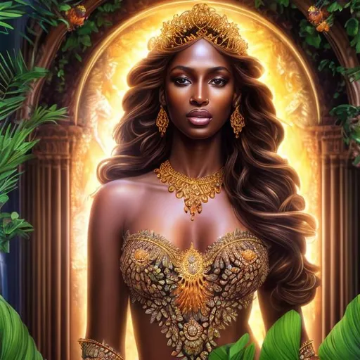 Prompt: HD 4k 3D, hyper realistic, professional modeling, ethereal Greek goddess of plants, brown hair, brown skin, plant gown, gorgeous face, gemstone jewelry and queen headpiece, full body, ambient glow, garden of eden, harvest fruits, blooming plants background, detailed, elegant, ethereal, mythical, Greek, goddess, surreal lighting, majestic, goddesslike aura