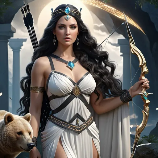 Prompt: HD 4k 3D, 8k, hyper realistic, professional modeling, ethereal Greek Goddess Heroine Atalanta, long black flowing hair, white skin, gorgeous glowing face, huntress tunic, gray gemstone jewelry and tiara, bow and arrows, bear companion, wilderness, surrounded by ambient divinity glow, detailed, elegant, mythical, surreal dramatic lighting, majestic, goddesslike aura