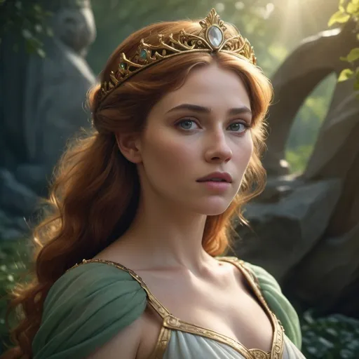 Prompt: HD 4k 3D, hyper realistic, professional modeling, enchanted Classic Princess - Fiona, strong, beautiful, magical, proud, high fantasy background, detailed, highly realistic woman, elegant, ethereal, mythical, Greek goddess, surreal lighting, majestic, goddesslike aura, Annie Leibovitz style 