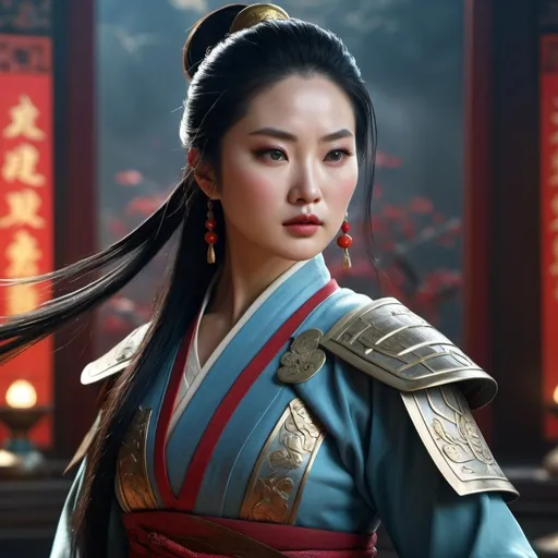 Prompt: HD 4k 3D, hyper realistic, professional modeling, enchanted ancient Chinese dynasty warrior Princess - Hua Mulan, beautiful, magical, detailed, highly realistic woman, high fantasy background, China, elegant, ethereal, mythical, Greek goddess, surreal lighting, majestic, goddesslike aura, Annie Leibovitz style 