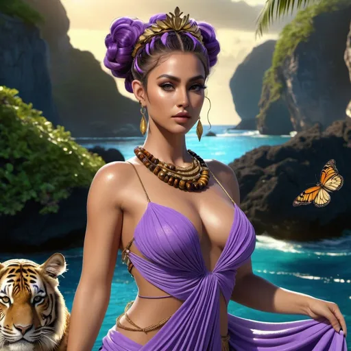 Prompt: HD 4k 3D, hyper realistic, professional modeling, ethereal Greek Goddess Island Nymph, purple messy bun, brown skin, gorgeous face, island dress, tigers eye jewelry and tropical crown, full body, Island nymph, island bluff, surrounded by divine glow, detailed, elegant, ethereal, mythical, Greek, goddess, surreal lighting, majestic, goddesslike aura