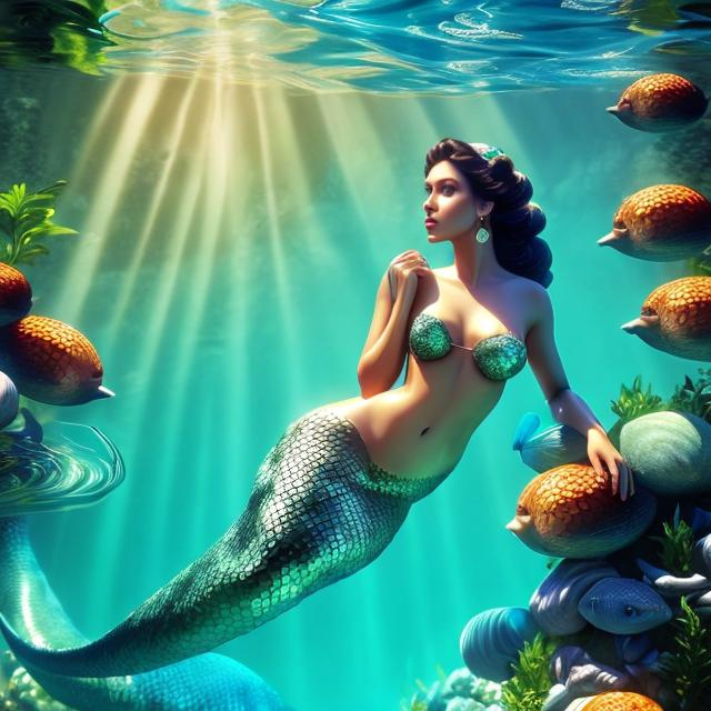 Prompt: HD 4k 3D, hyper realistic, professional modeling, ethereal Greek goddess of fresh water, orange double buns hair, black skin, gorgeous face, gorgeous mermaid, freshwater jewelry and mint leaves diadem, full body, ambient glow, river mermaid, mint leaves plants, landscape, detailed, elegant, ethereal, mythical, Greek, goddess, surreal lighting, majestic, goddesslike aura