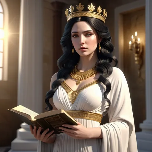 Prompt: HD 4k 3D, hyper realistic, professional modeling, ethereal Greek Muse of Epic Poetry, black hair, pale skin, gorgeous face, grecian chief dress, gold jewelry and crown, full body, poet, writer, holding book, assertive and wise, detailed, elegant, ethereal, mythical, Greek, goddess, surreal lighting, majestic, goddesslike aura