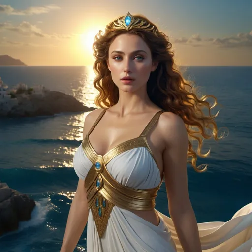 Prompt: HD 4k 3D 8k professional modeling photo hyper realistic beautiful woman Princess of Florin ethereal greek goddess gorgeous face full body surrounded by ambient glow, enchanted, magical, detailed, highly realistic woman, high fantasy background, kingdom by the sea, elegant, mythical, surreal lighting, majestic, goddesslike aura, Annie Leibovitz style 

