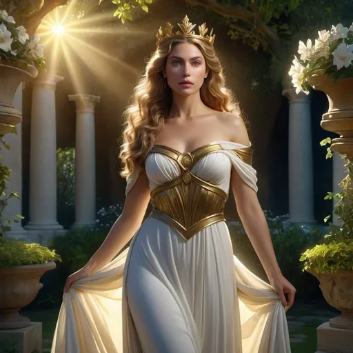 Prompt: HD 4k 3D 8k professional modeling photo hyper realistic beautiful woman Princess of Genovia ethereal greek goddess gorgeous face full body surrounded by ambient glow, enchanted, magical, detailed, highly realistic woman, high fantasy background, European garden countryside, elegant, mythical, surreal lighting, majestic, goddesslike aura, Annie Leibovitz style 

