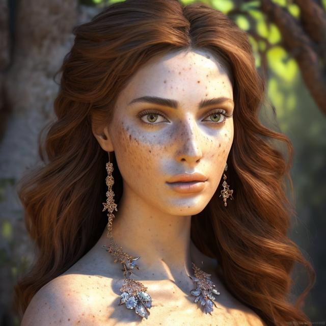 Prompt: HD 4k 3D, hyper realistic, professional modeling, ethereal  Greek goddess of fig trees, brown hair, dark freckled skin, gorgeous face, gorgeous fig tree dress, tree jewelry and fig tree headpiece, full body, ambient glow, fig tree nymph, landscape, detailed, elegant, ethereal, mythical, Greek, goddess, surreal lighting, majestic, goddesslike aura