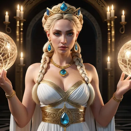 Prompt: HD 4k 3D, hyper realistic, professional modeling, ethereal Greek Goddess and Princess, blonde bubble braids, medium skin, gorgeous face, Cretan Princess gown, almandine jewelry and jeweled crown, full body magical, Mistress of the labyrinth, cretan labyrinth, holding ball of yarn and dagger, detailed, elegant, ethereal, mythical, Greek, goddess, surreal lighting, majestic, goddesslike aura