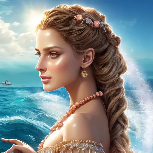 Prompt: HD 4k 3D 8k professional modeling photo hyper realistic beautiful ocean nymph woman ethereal greek goddess of fortune and fate
coral milkmaid braid hair brown eyes tan skin gorgeous face ancient grecian military costume seashell jewelry seashell crown full body surrounded by ambient glow hd landscape background standing on the bow of a boat at sea with treasure
