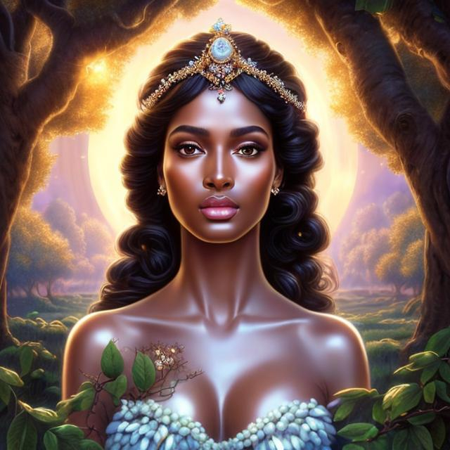 Prompt: HD 4k 3D, hyper realistic, professional modeling, ethereal  Greek goddess of fruit trees, shiny black hair, brown skin, gorgeous face, gorgeous tree dress, shining jewelry and tiara, full body, ambient shining glow, cow and sheep in orchard, landscape, detailed, elegant, ethereal, mythical, Greek, goddess, surreal lighting, majestic, goddesslike aura