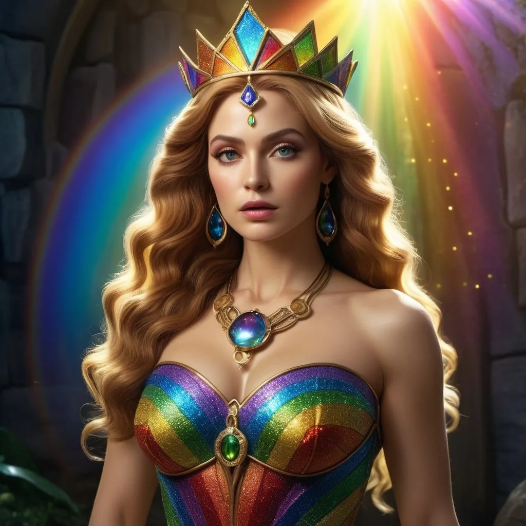 Prompt: HD 4k 3D 8k professional modeling photo hyper realistic beautiful rainbow woman Princess of Oz ethereal greek goddess gorgeous face full body surrounded by ambient glow, enchanted, magical, detailed, highly realistic woman, high fantasy background, immortal enchantress, elegant, mythical, surreal lighting, majestic, goddesslike aura, Annie Leibovitz style 

