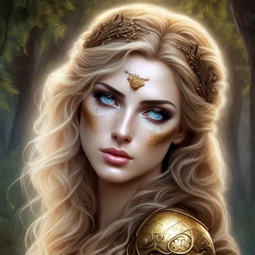 Prompt: HD 4k 3D, hyper realistic, professional modeling, ethereal Greek goddess of aim, blue ombre hair, fair freckled skin, gorgeous face, gorgeous bronze archer armor,  rustic jewelry and tiara, full body, ambient glow, archery maiden, nymph, landscape, detailed, elegant, ethereal, mythical, Greek, goddess, surreal lighting, majestic, goddesslike aura