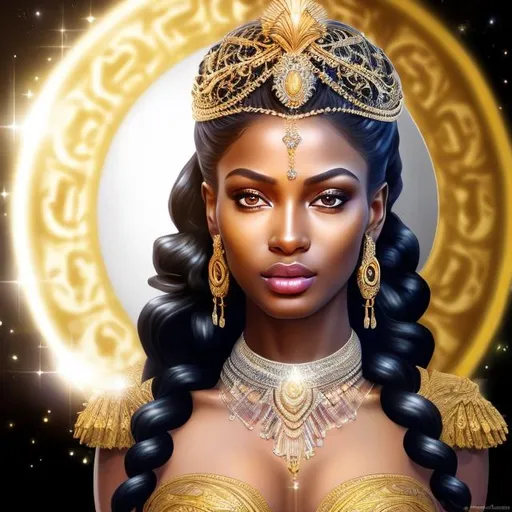 Prompt: HD 4k 3D, hyper realistic, professional modeling, ethereal Greek goddess, silver hair, black skin, glorious gold gown, gorgeous face, shining jewelry and tiara, full body, ambient glow, glorious cosmic light, beautiful bright sun goddess, powerful, detailed, elegant, ethereal, mythical, Greek, goddess, surreal lighting, majestic, goddesslike aura