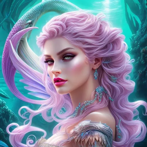 Prompt: HD 4k 3D 8k professional modeling photo hyper realistic beautiful evil woman ethereal greek goddess prophetic sea nymph
light purple fishtail braid hair gorgeous face  jewelry headpiece white mermaid tail and top full body surrounded by ambient glow hd landscape underwater shipwreck
