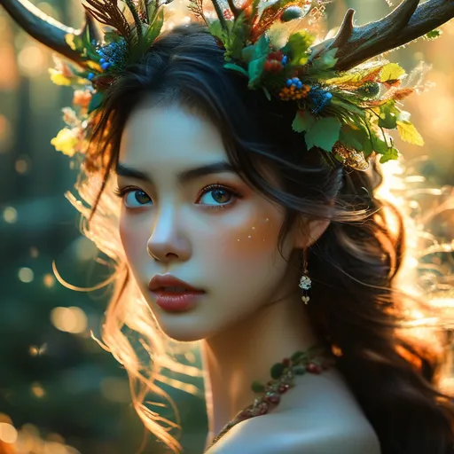 Prompt: Deer Goddess,  Maine Forest Fairytale, colorful and floral, pre-Raphaelite time-lapse motion blur, High resolution, detailed portrait, ethereal atmosphere,  flowing hair, light skin, beautiful features, captivating eyes, cosmic mystical aura, vibrant colors, soft lighting, professional, digital painting, enchanting presence, fantasy, dreamy, female, mystical, detailed hair, captivating gaze, professional lighting, hyper realistic, HD 4k 3D, professional modeling, ethereal, gorgeous face, ambient divine glow, detailed and intricate, elegant, ethereal, mythical, goddess, radiant lighting,