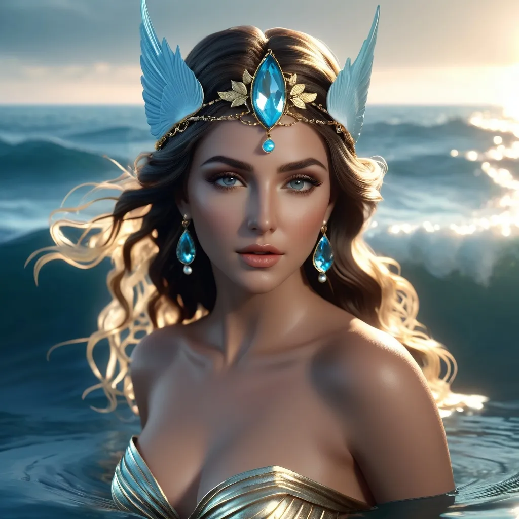 Prompt: Greek Siren/Water-Nymph Achelois 'she who drives away pain' hyper realistic, HD 4k 3D, professional modeling, ethereal, gorgeous face, Ocean and Greek jewelry and headpiece, ambient divine glow, detailed and intricate, elegant, ethereal, mythical, goddess, radiant lighting, majestic, goddesslike aura, she lives in the Ocean