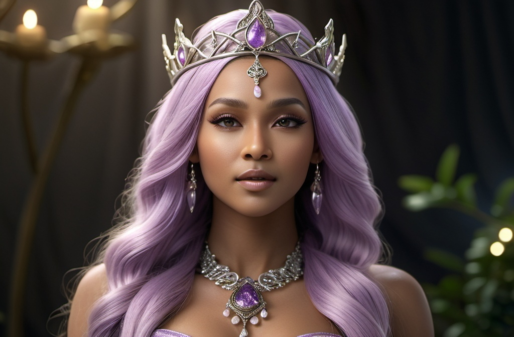 Prompt: Hariasa Norse Goddess of Hair,  hyper realistic, HD 4k 3D, professional modeling, ethereal, light purple long flowing hair, olive skin, gorgeous face, gorgeous jewelry and tiara, full body, ambient glow, detailed, elegant, ethereal, mythical, goddess, moody lighting, majestic, goddesslike aura, Norse Mythology