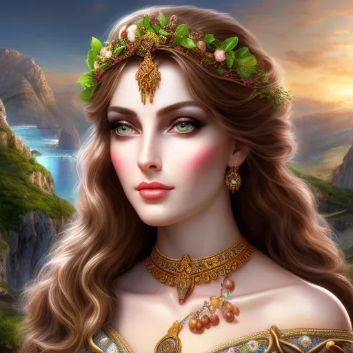 Prompt: HD 4k 3D 8k professional modeling photo hyper realistic beautiful priestess woman ethereal greek goddess of safety and salvation
rose colored hair green eyes pale skin gorgeous face grecian gown evil eye jewelry laurel wreath crown  full body surrounded by ambient holy glow hd landscape background greek coastline lambs and sheep in background
