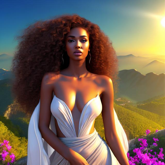 Prompt: HD 4k 3D 8k professional modeling photo hyper realistic beautiful woman ethereal greek goddess of the morning breeze
brown curly hair gorgeous face brown skin billowing gown beautiful jewelry polos crown pixie wings full body surrounded by ambient aura glow hd landscape  on mountain at morning 

