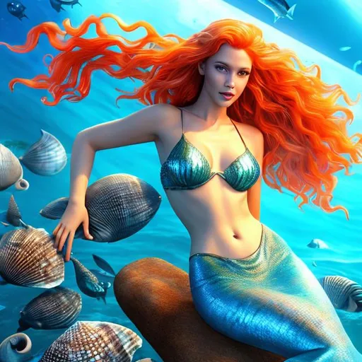 Prompt: HD 4k 3D 8k professional modeling photo hyper realistic beautiful woman ethereal greek goddess protector of mariners mermaid
orange hair gorgeous face seashell jewelry seashell headband beautiful mermaid tail full body surrounded by ambient glow hd landscape mermaid on rocks in ocean watching ships
