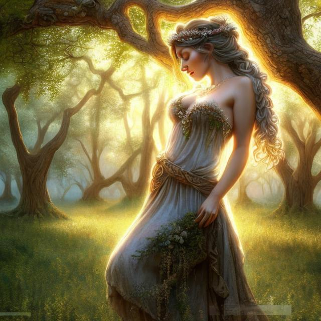 Prompt: HD 4k 3D, hyper realistic, professional modeling, ethereal Greek goddess of oak trees, blue hair, fair skin, gorgeous face, gorgeous rustic inspired dress, rustic jewelry and rustic headband, full body, ambient glow, oak tree forest nymph, landscape, detailed, elegant, ethereal, mythical, Greek, goddess, surreal lighting, majestic, goddesslike aura