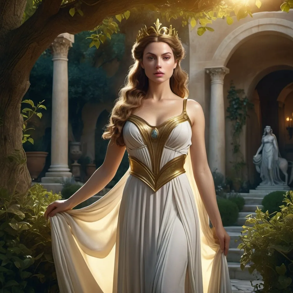 Prompt: HD 4k 3D 8k professional modeling photo hyper realistic beautiful woman Princess of Genovia ethereal greek goddess gorgeous face full body surrounded by ambient glow, enchanted, magical, detailed, highly realistic woman, high fantasy background, European garden countryside, elegant, mythical, surreal lighting, majestic, goddesslike aura, Annie Leibovitz style 

