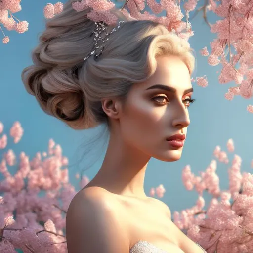 Prompt: HD 4k 3D, hyper realistic, professional modeling, ethereal  Greek goddess of poplar blossom trees, red half up hair, olive skin, gorgeous face, gorgeous poplar blossom tree dress, tree jewelry and poplar blossom headpiece, full body, ambient glow, poplar blossom tree nymph, woodpeckers, landscape, detailed, elegant, ethereal, mythical, Greek, goddess, surreal lighting, majestic, goddesslike aura