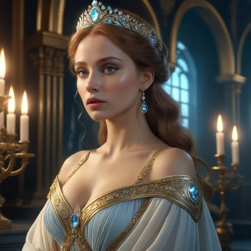 Prompt: HD 4k 3D, hyper realistic, professional modeling, enchanted Russian Princess - Anastasia, beautiful, magical, high fantasy background, detailed, highly realistic woman, elegant, ethereal, mythical, Greek goddess, surreal lighting, majestic, goddesslike aura, Annie Leibovitz style 