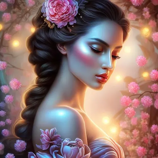 Prompt: HD 4k 3D, hyper realistic, professional modeling, ethereal Greek goddess of flower buds, red ombre hair, black skin, floral gown, gorgeous face, floral jewelry and headpiece, full body, ambient glow, beautiful goddess surrounded by budding flowers in spring, flower buds,  detailed, elegant, ethereal, mythical, Greek, goddess, surreal lighting, majestic, goddesslike aura