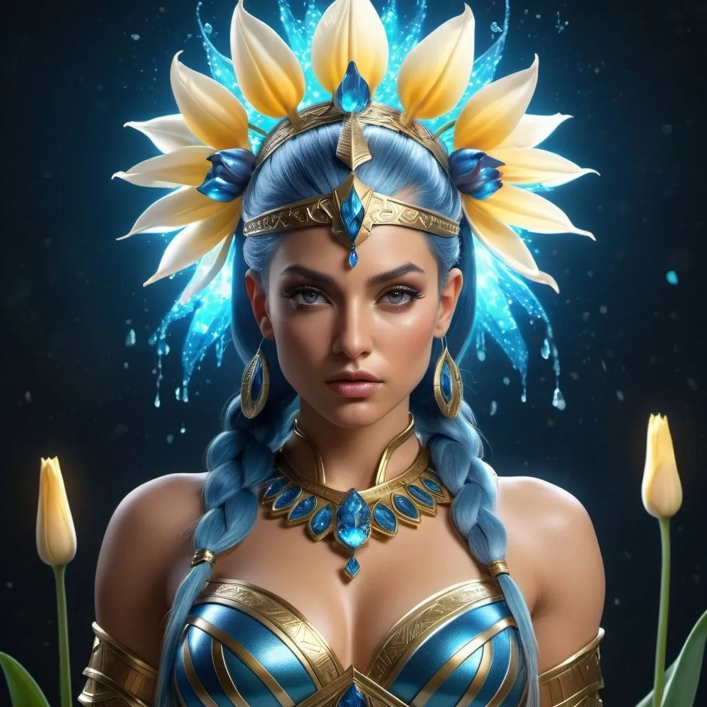 Prompt: HD 4k 3D, 8k, hyper realistic, professional modeling, ethereal Greek Goddess and Amazonian Warrior, blue ponytail hair, beige skin, gorgeous glowing face, Amazonian Warrior armor, alexandrite jewelry and headpiece, Amazon warrior, full body, adorned with tulip flowers, prowess, strength, and force, surrounded by ambient divine glow, detailed, elegant, mythical, surreal dramatic lighting, majestic, goddesslike aura